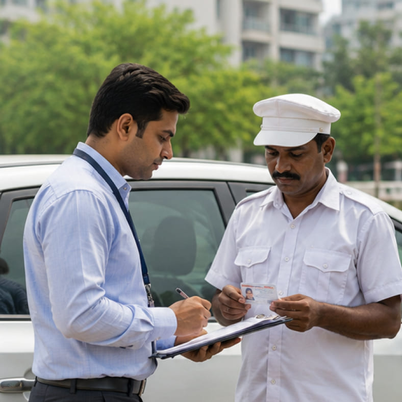 Chauffeur standing beside a car