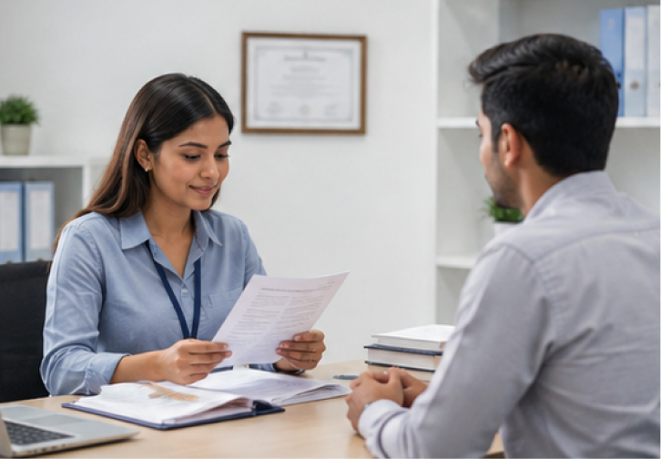 Two professionals reviewing a document at a desk